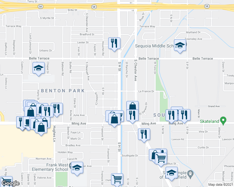 map of restaurants, bars, coffee shops, grocery stores, and more near 1205 South H Street in Bakersfield