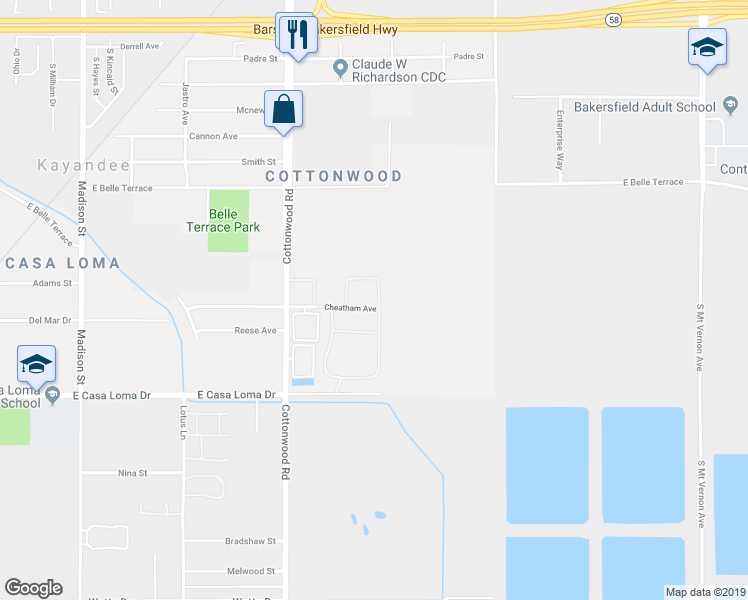 map of restaurants, bars, coffee shops, grocery stores, and more near 1312 Chattahoochee Lane in Bakersfield