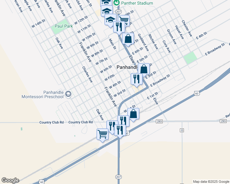 map of restaurants, bars, coffee shops, grocery stores, and more near 301-399 Park Avenue in Panhandle