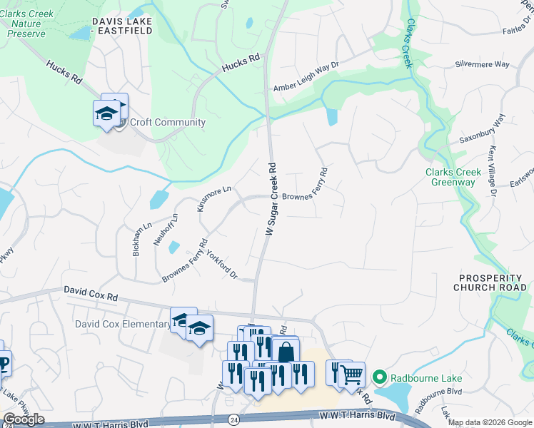 map of restaurants, bars, coffee shops, grocery stores, and more near 7106 Kinsmore Lane in Charlotte