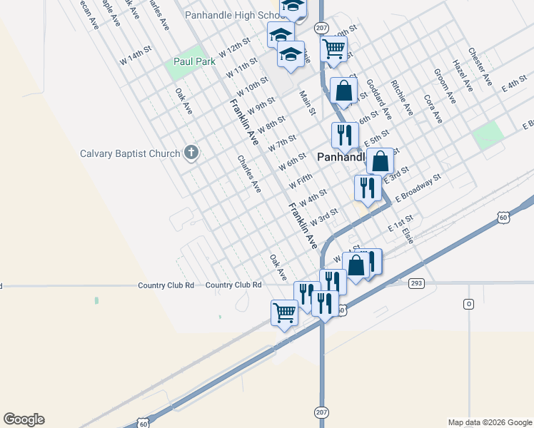 map of restaurants, bars, coffee shops, grocery stores, and more near 405 Charles Avenue in Panhandle