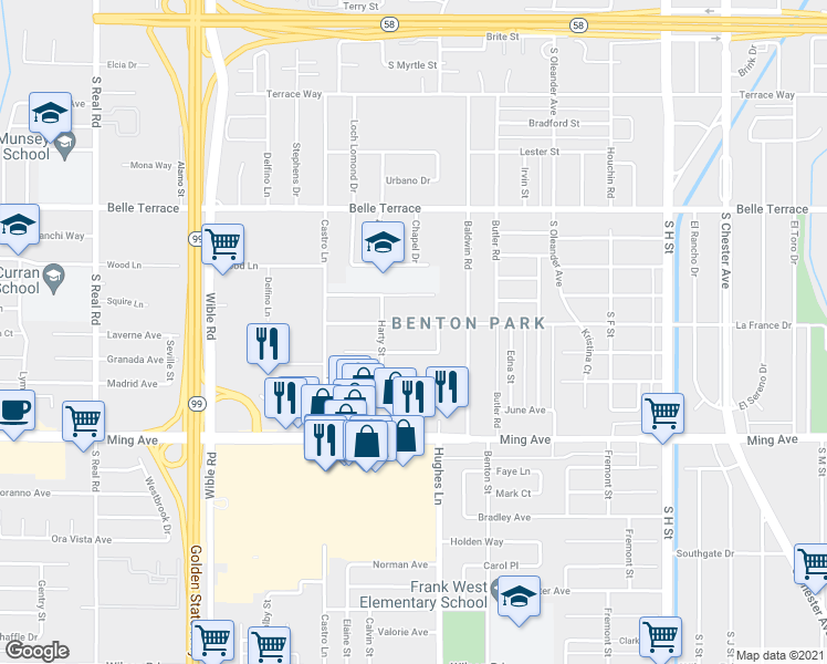 map of restaurants, bars, coffee shops, grocery stores, and more near 2517 La France Drive in Bakersfield