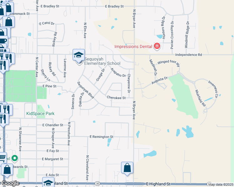 map of restaurants, bars, coffee shops, grocery stores, and more near 5 Choctaw Road in Shawnee