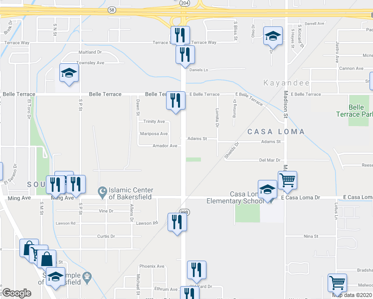 map of restaurants, bars, coffee shops, grocery stores, and more near 1108 South Union Avenue in Bakersfield