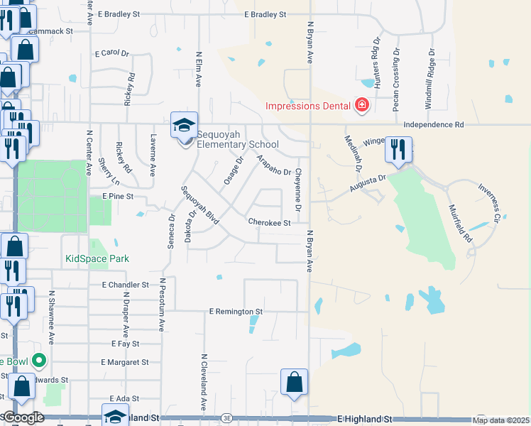 map of restaurants, bars, coffee shops, grocery stores, and more near 5 Choctaw Road in Shawnee