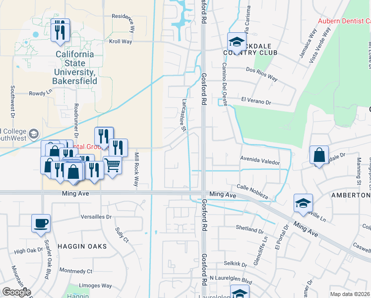 map of restaurants, bars, coffee shops, grocery stores, and more near 8149-8165 Camino Media in Bakersfield