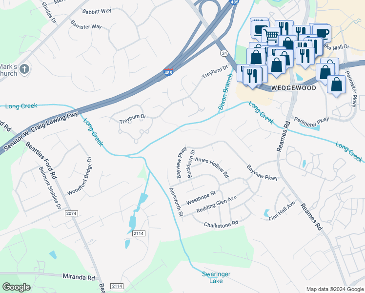 map of restaurants, bars, coffee shops, grocery stores, and more near 11005 Rumney Court in Charlotte