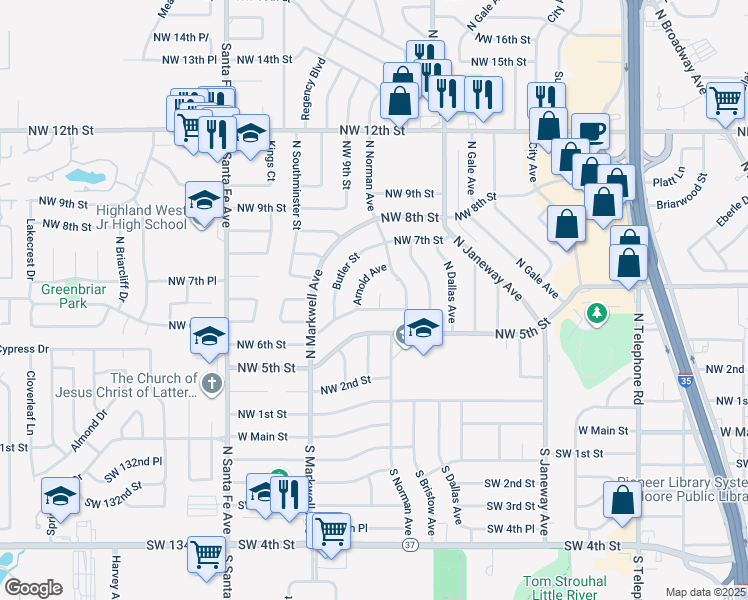 map of restaurants, bars, coffee shops, grocery stores, and more near 705 Wall Circle in Moore