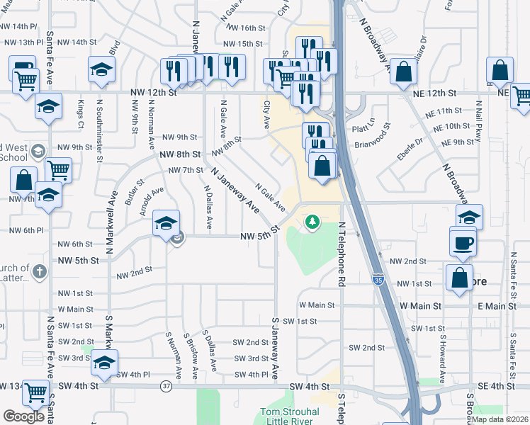 map of restaurants, bars, coffee shops, grocery stores, and more near 613 Gale in Moore