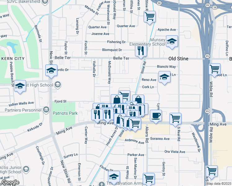 map of restaurants, bars, coffee shops, grocery stores, and more near 4420 Park Circle Drive in Bakersfield