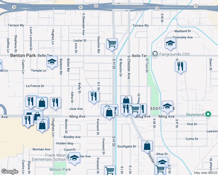 map of restaurants, bars, coffee shops, grocery stores, and more near 1713 La France Drive in Bakersfield
