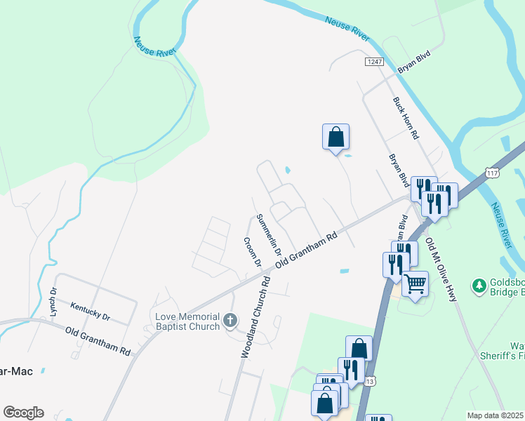 map of restaurants, bars, coffee shops, grocery stores, and more near 501 Summerlin Drive in Goldsboro