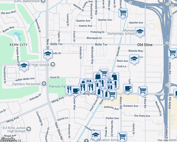map of restaurants, bars, coffee shops, grocery stores, and more near 1301 McDonald Way in Bakersfield