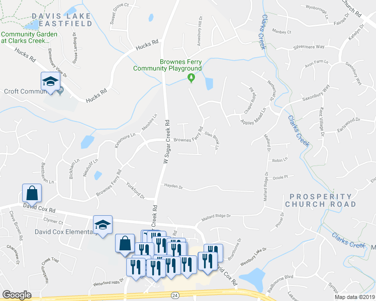 map of restaurants, bars, coffee shops, grocery stores, and more near 7212 Brassy Creek Lane in Charlotte