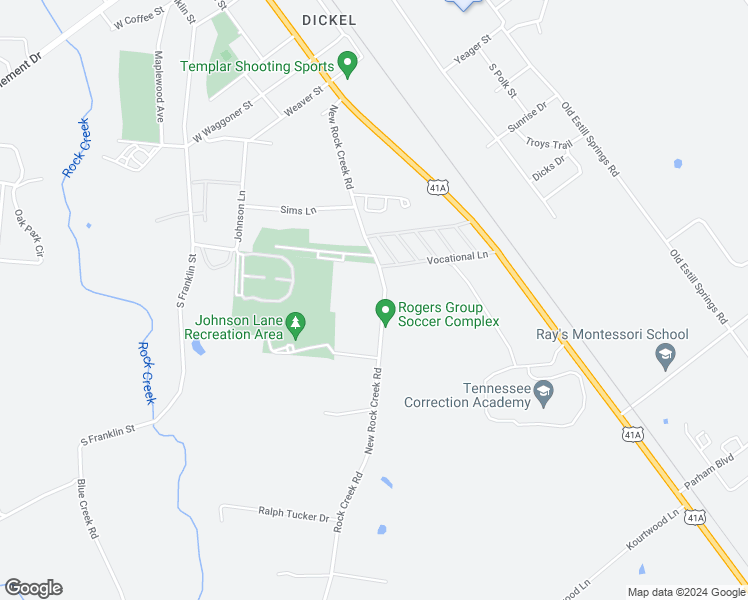 map of restaurants, bars, coffee shops, grocery stores, and more near 308 New Rock Creek Road in Tullahoma