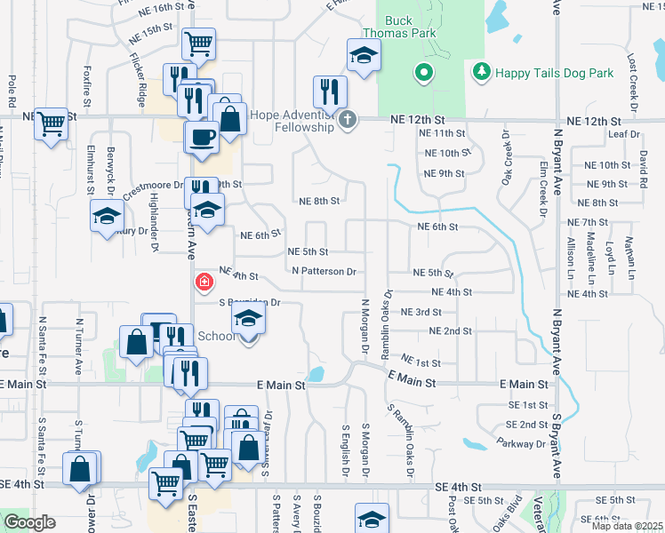 map of restaurants, bars, coffee shops, grocery stores, and more near 1125 North Patterson Drive in Moore