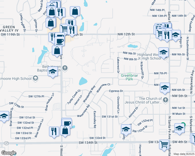 map of restaurants, bars, coffee shops, grocery stores, and more near 609 Wandering Way in Oklahoma City