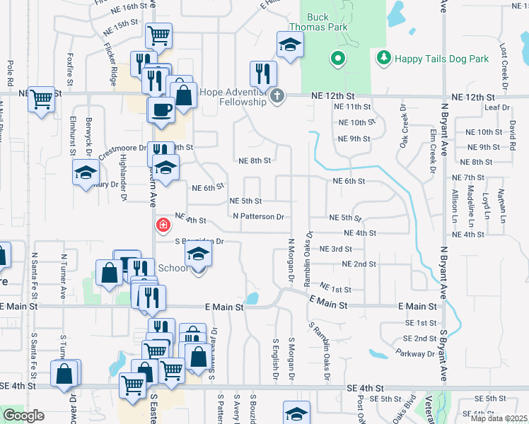 map of restaurants, bars, coffee shops, grocery stores, and more near 1125 North Patterson Drive in Moore