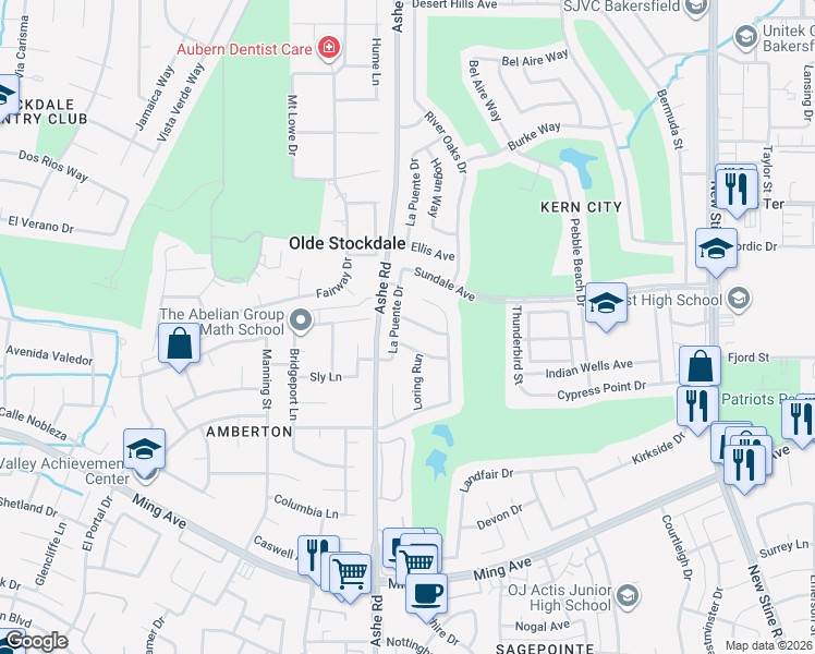 map of restaurants, bars, coffee shops, grocery stores, and more near 6407 Brooklawn Way in Bakersfield