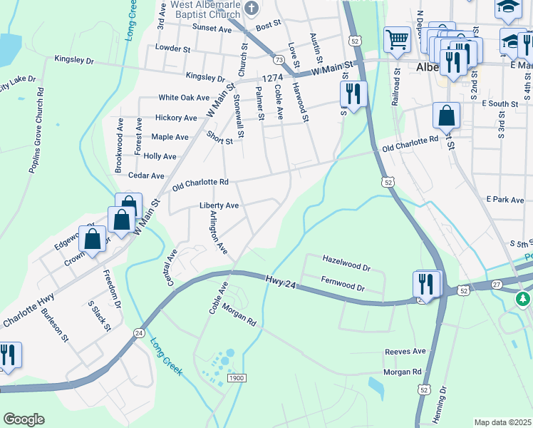 map of restaurants, bars, coffee shops, grocery stores, and more near 614 Coble Avenue in Albemarle