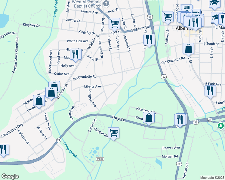 map of restaurants, bars, coffee shops, grocery stores, and more near 614 Coble Avenue in Albemarle