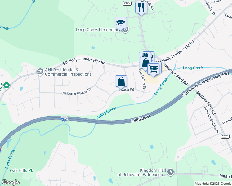 map of restaurants, bars, coffee shops, grocery stores, and more near 7720 Trotter Road in Charlotte