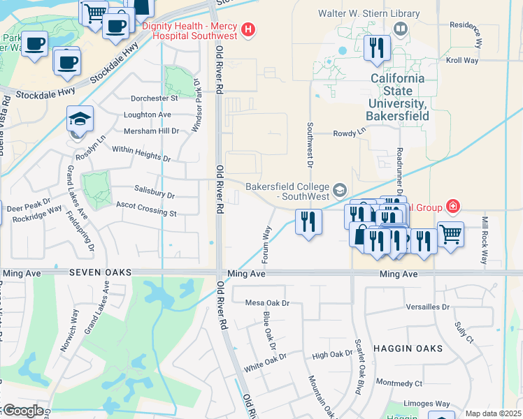 map of restaurants, bars, coffee shops, grocery stores, and more near 9801 Camino Media in Bakersfield