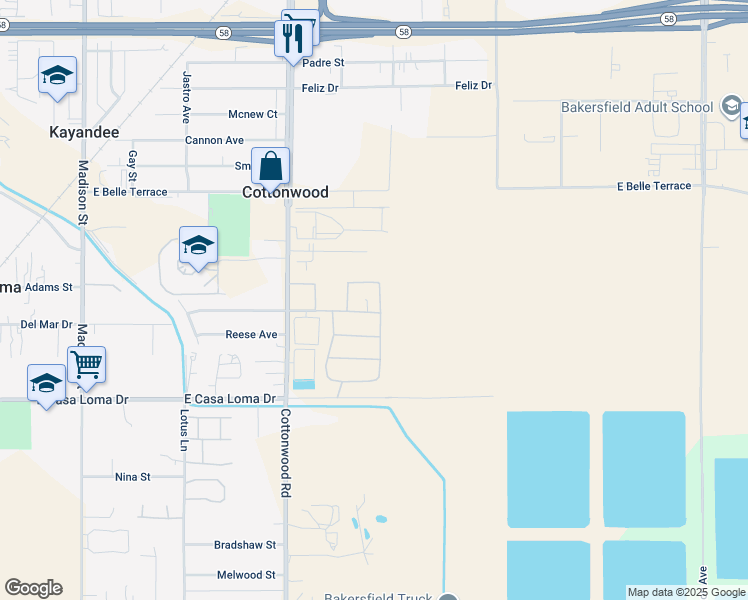 map of restaurants, bars, coffee shops, grocery stores, and more near 1306 Chattahoochee Ln in Bakersfield