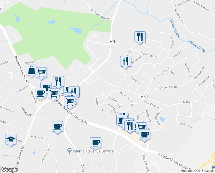 map of restaurants, bars, coffee shops, grocery stores, and more near 2411 Galloway Road in Charlotte