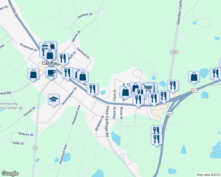 map of restaurants, bars, coffee shops, grocery stores, and more near 204 Isley Street in Carthage
