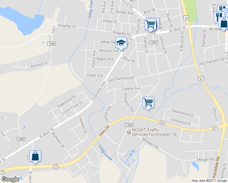 map of restaurants, bars, coffee shops, grocery stores, and more near 604 Central Avenue in Albemarle