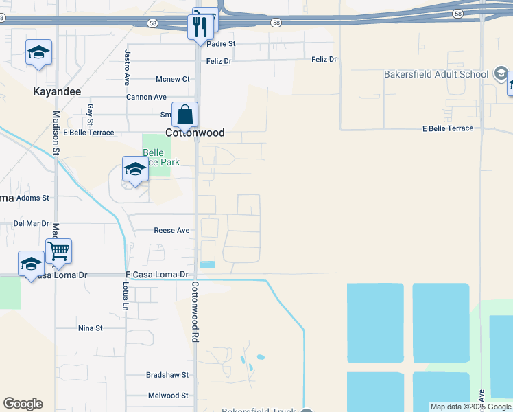 map of restaurants, bars, coffee shops, grocery stores, and more near 1306 Chattahoochee Lane in Bakersfield
