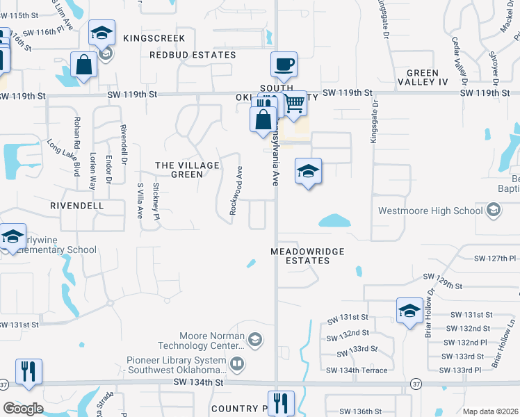 map of restaurants, bars, coffee shops, grocery stores, and more near 12505 South Barnes Terrace in Oklahoma City