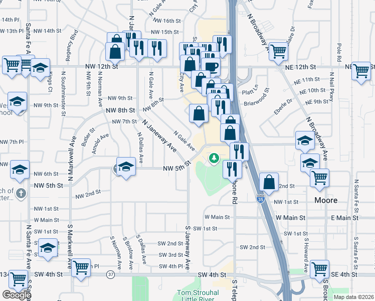 map of restaurants, bars, coffee shops, grocery stores, and more near 613 Gale Street in Moore