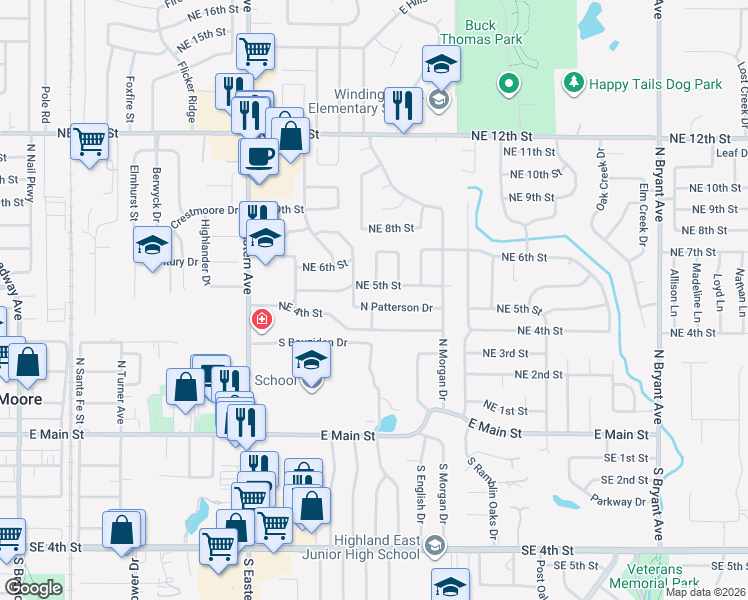 map of restaurants, bars, coffee shops, grocery stores, and more near 1013 North Patterson Drive in Moore