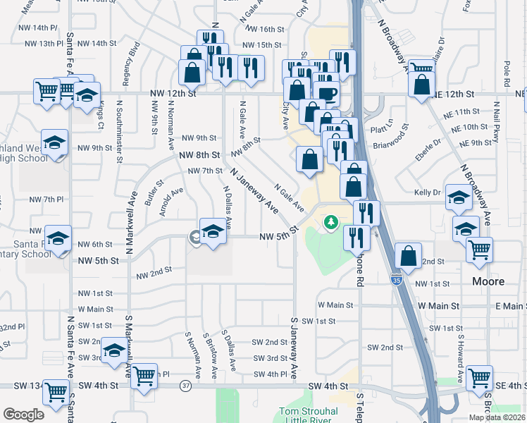 map of restaurants, bars, coffee shops, grocery stores, and more near 637 North Janeway Avenue in Moore