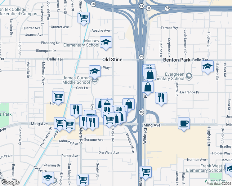 map of restaurants, bars, coffee shops, grocery stores, and more near 3608 Laverne Avenue in Bakersfield