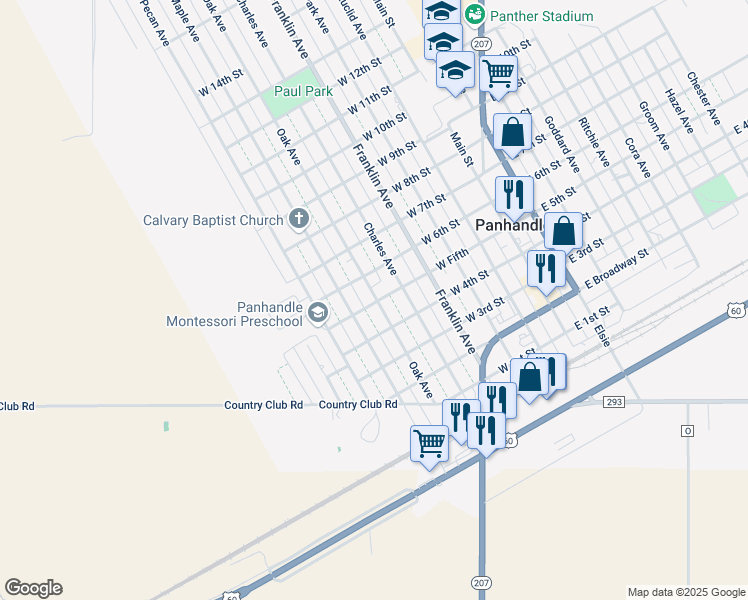 map of restaurants, bars, coffee shops, grocery stores, and more near 501 West Fifth in Panhandle