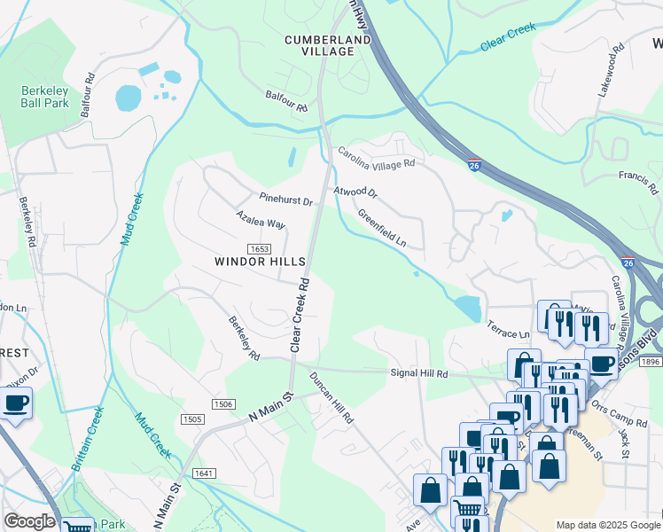map of restaurants, bars, coffee shops, grocery stores, and more near 290 Clear Creek Road in Hendersonville