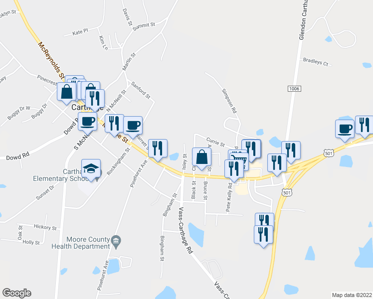 map of restaurants, bars, coffee shops, grocery stores, and more near 204 Isley Street in Carthage