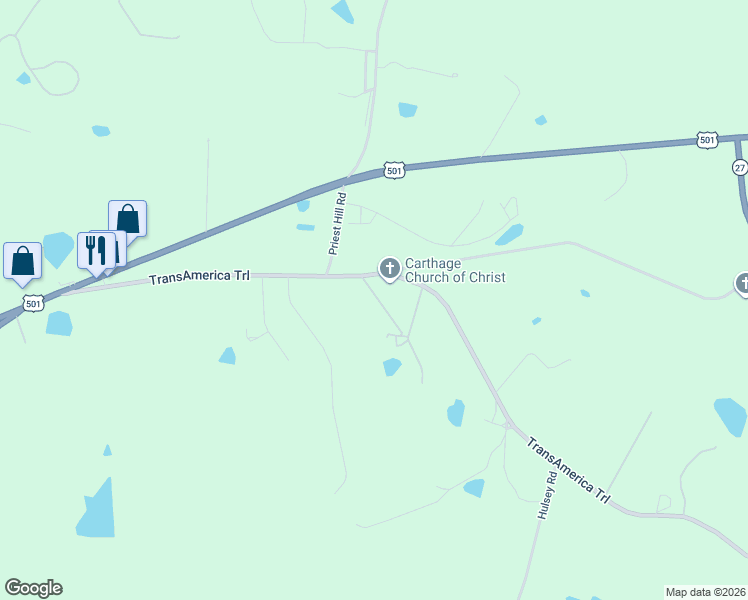 map of restaurants, bars, coffee shops, grocery stores, and more near 516 Union Church Road in Carthage