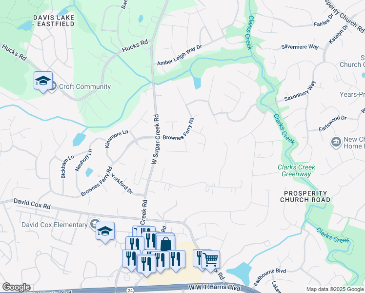 map of restaurants, bars, coffee shops, grocery stores, and more near 7212 Brassy Creek Ln in Charlotte