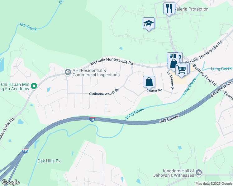map of restaurants, bars, coffee shops, grocery stores, and more near 7506 Claiborne Woods Road in Charlotte