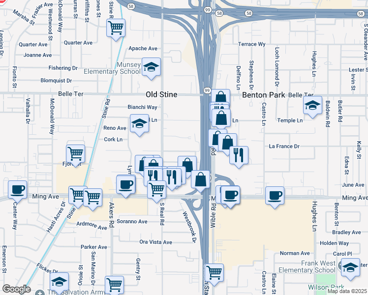 map of restaurants, bars, coffee shops, grocery stores, and more near 3416 Laverne Avenue in Bakersfield