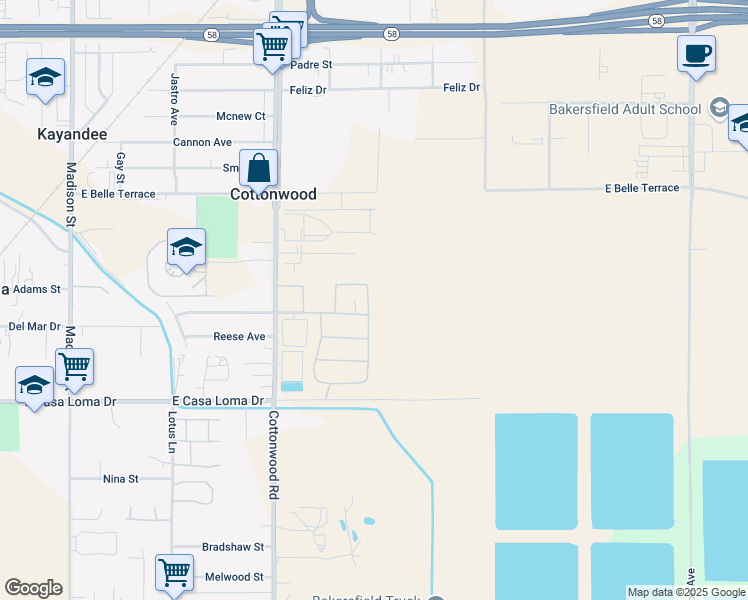 map of restaurants, bars, coffee shops, grocery stores, and more near 1306 Chattahoochee Lane in Bakersfield