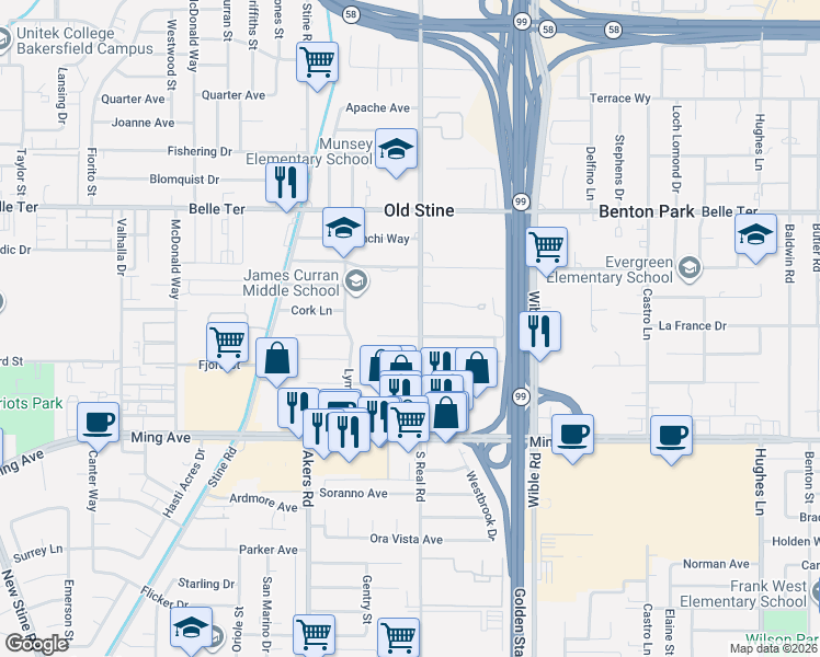 map of restaurants, bars, coffee shops, grocery stores, and more near 3716 Laverne Avenue in Bakersfield