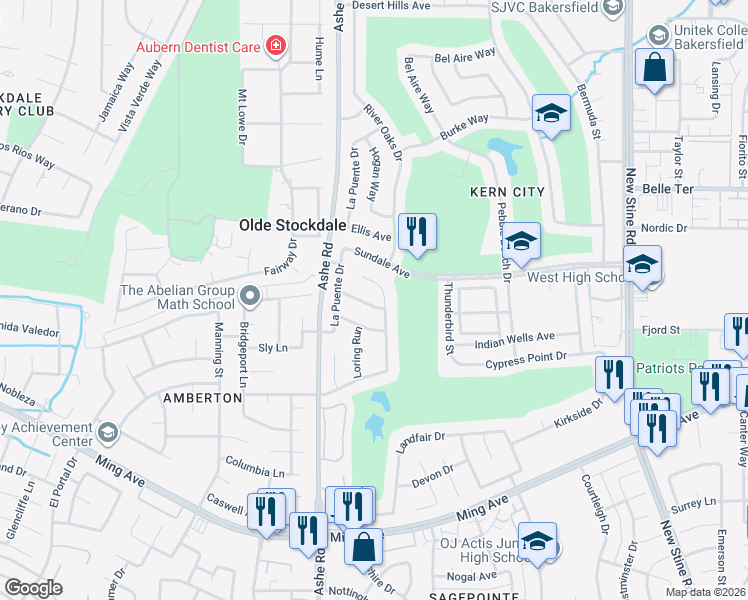map of restaurants, bars, coffee shops, grocery stores, and more near 1308 Club View Drive in Bakersfield