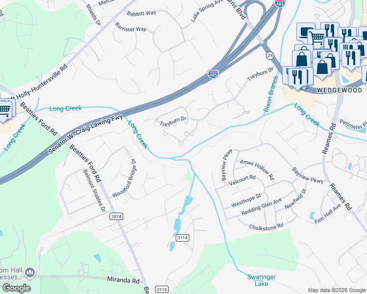 map of restaurants, bars, coffee shops, grocery stores, and more near 8921 Cinnabay Drive in Charlotte