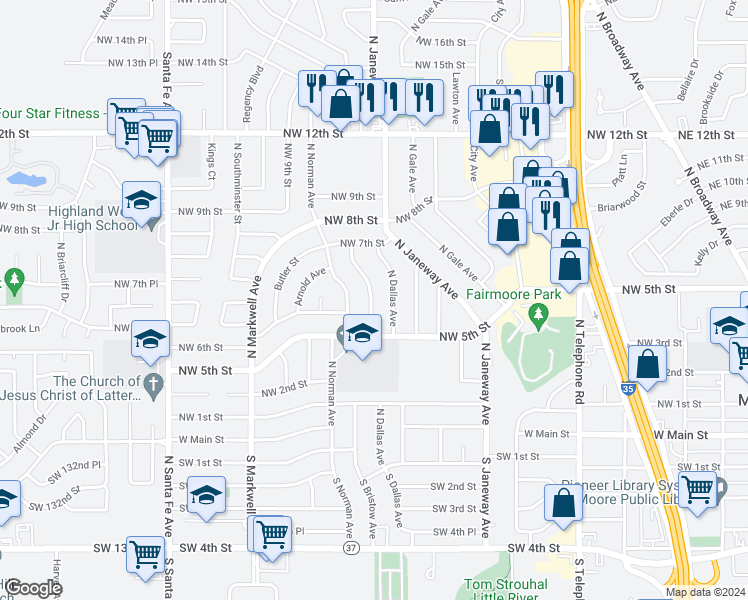 map of restaurants, bars, coffee shops, grocery stores, and more near 628 North Bristow Avenue in Moore