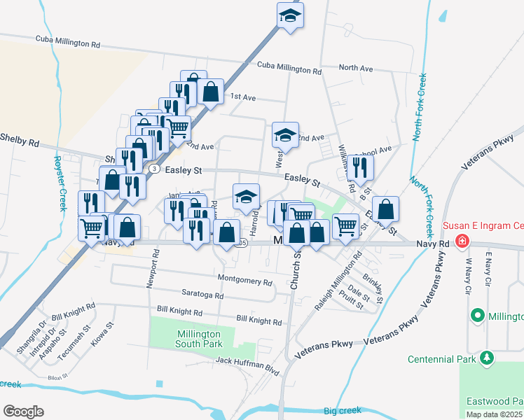map of restaurants, bars, coffee shops, grocery stores, and more near 7942 Harrold Street in Millington